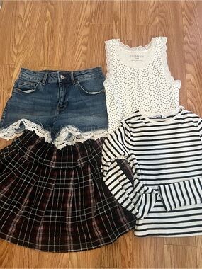 Casual Girls Outfit Bundle - Denim Lace Shorts, Floral Tank, Skirt & Striped Top